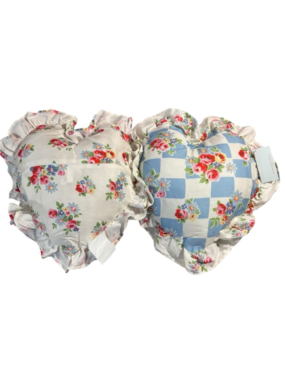 Cath Kidston DAISY ROSE CHECK RUFFLE HEART BLUE throw pillows set of 2 NWT - Picture 3 of 12
